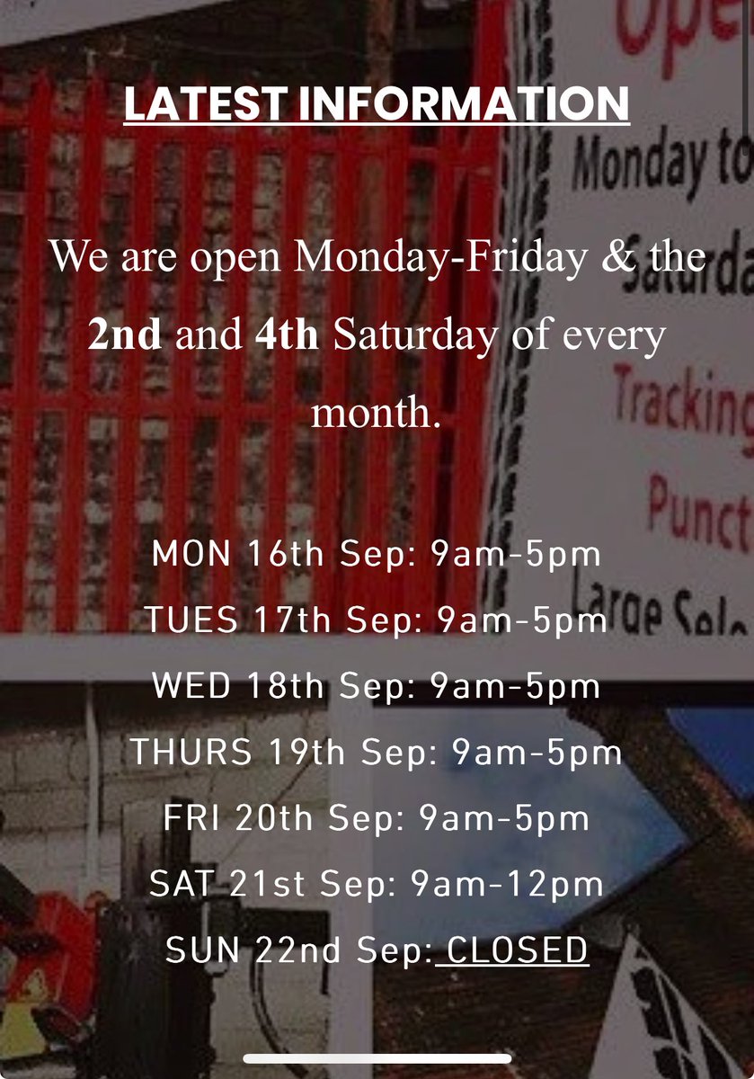 Opening hours this week as follows. We Are also open this Saturday 9am-12pm as an extra. 👍🏻 🛞