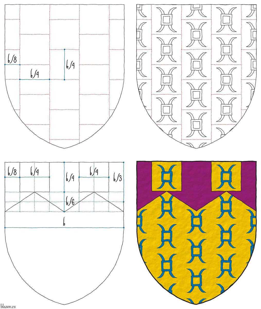 ntoniosalmeron's tweet photo. The coat of arms of Baz Manning, John Basil Edward, emblazoned by me in 4 steps. Or semé of millrinds Azure; a chief dancetty of two full points upwards Purpure pierced twice of the field billetwise throughout.
#Semé #Millrind #Chief #Dancetty #Pierced #Twice #Billet #Throughout https://t.co/FG7pmxkCos