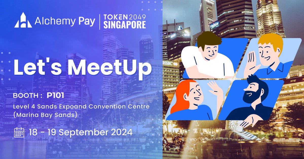 AlchemyPay's tweet photo. Time for a meetup if you are visiting the @token2049

📅Sept 18-19 (Booth P101) 
1) Take a selfie with our booth 
2) Tag 3 friends and #AlchemyPayInSingapore
🎁 $ACH + Merchandise  

Meet us at the booth and learn about our latest developments!  
#AlchemyPay #TOKEN2049 https://t.co/Va9GoqFnjY