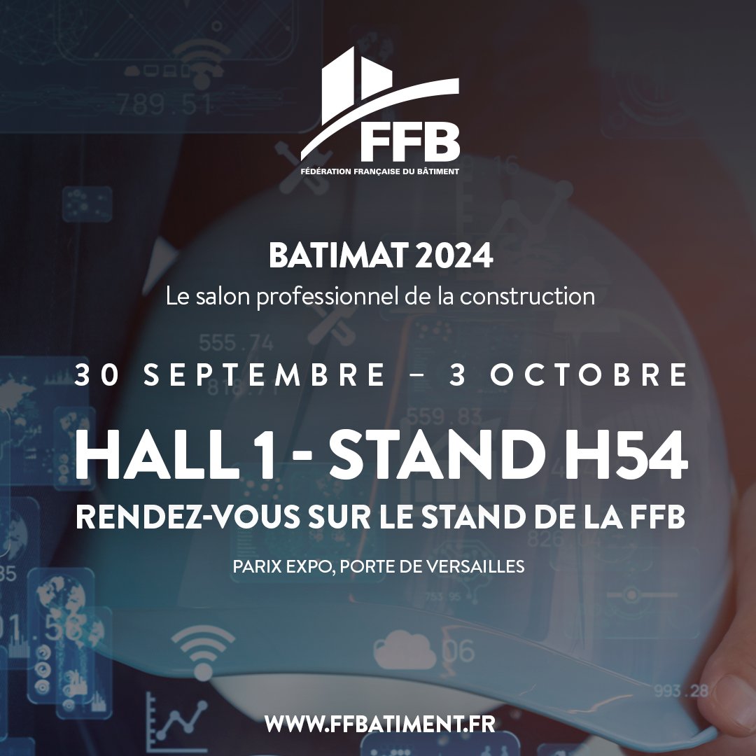 FFBatiment's tweet photo. 📆 Rendez-vous dans 2 semaines à @Batimat, le salon professionnel de la #construction.

Du 30 sept. au 3 oct., retrouvez la FFB pour découvrir les dernières #innovations et solutions durables qui transforment le secteur.

+ d'infos 👉 https://t.co/5ht6oNAr8D

#bâtiment https://t.co/fy3GWt9jUY