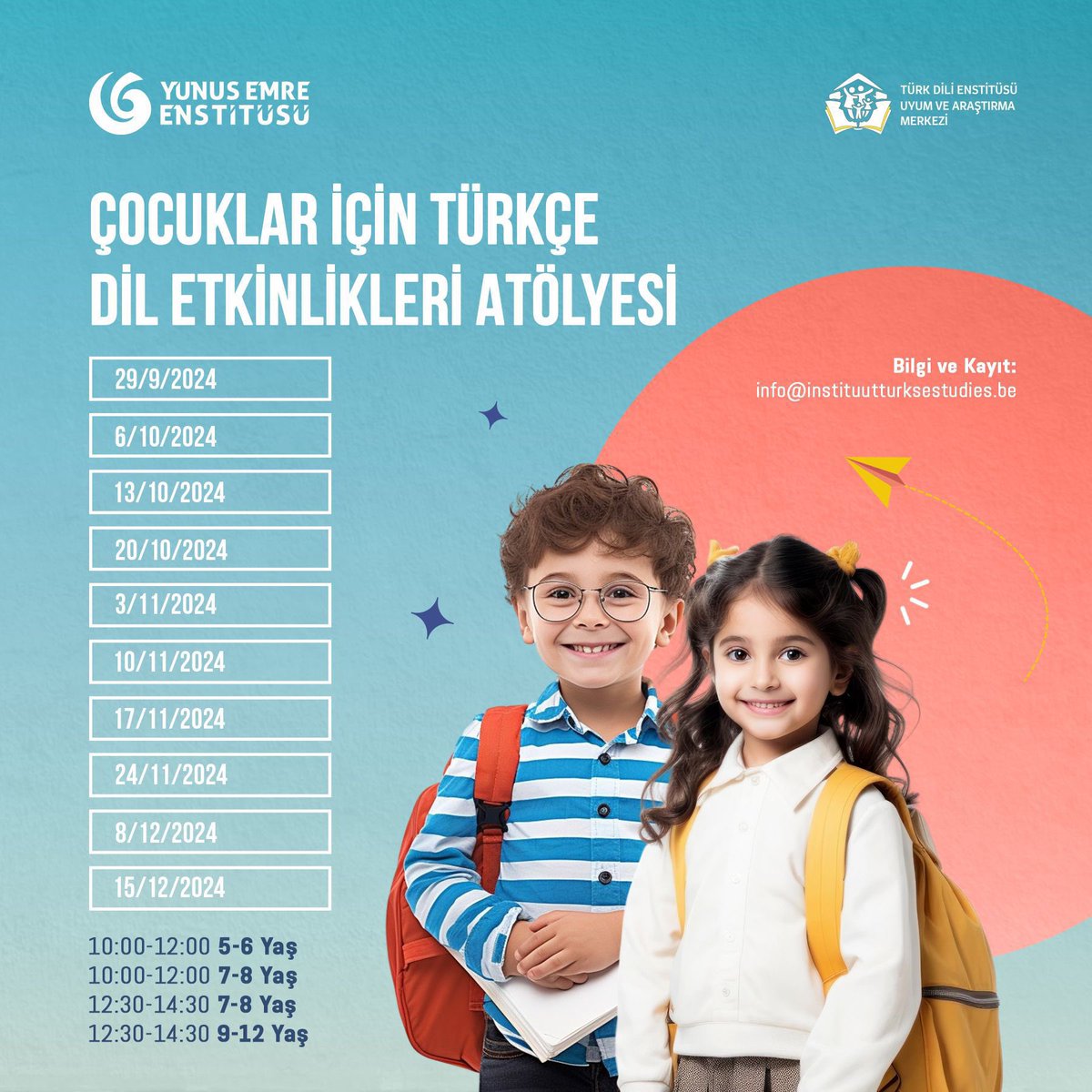 🎉 Çocuklar İçin Türkçe Dil Etkinlikleri Başlıyor!🎉 
Çocuğunuzun Türkçeyi eğlenceli ve interaktif bir şekilde öğrenmesini ister misiniz? Brüksel Yunus Emre Enstitüsü’nün Türkçe Dil Etkinlikleri Atölyesi tam da bunun için! 😊 Partner Kuruluş: <a href="/TurksestudiesBE/">instituutturksestudies</a> 

🗓️ Tarihler:
