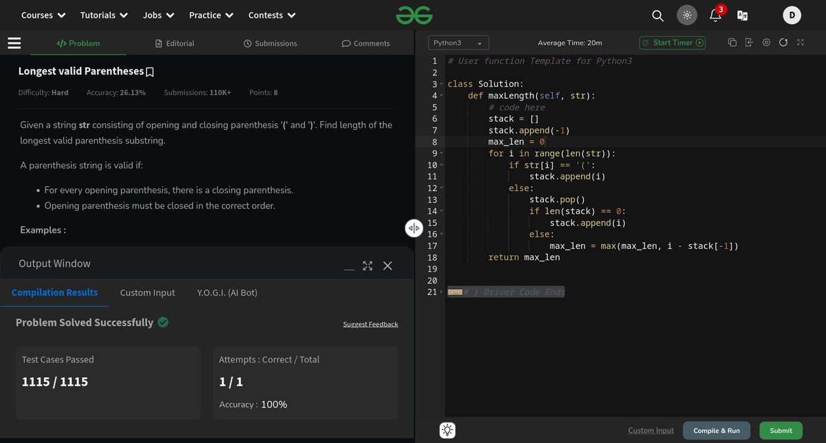 rufevell's tweet photo. 🚀 #GeekStreak2024 Day 7 complete! Solved a tricky problem of finding the longest valid parentheses substring using a stack-based approach. 💻🧠 Learned a lot about efficient string processing!

@geeksforgeeks @deutschebank #DeutscheBank #GeeksForGeeks https://t.co/THbkc0dN0C