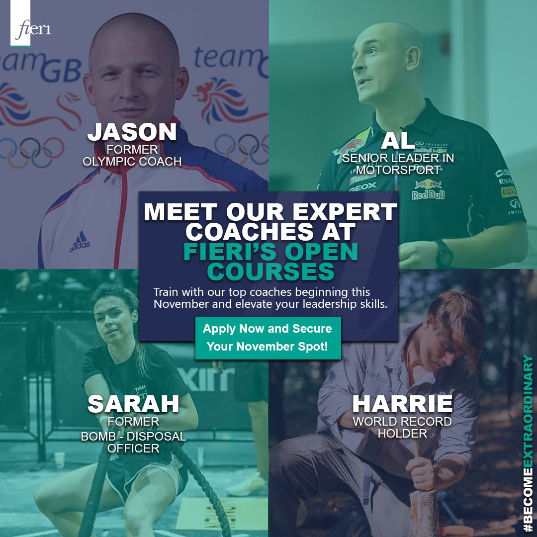 At Fieri, we don’t just teach leadership—we’ve lived it. 

Our trainers are Olympians, ex-military leaders, motorsport business leaders, and world record-breakers.

Choose Fieri for training that’s proven, powerful, and delivered by true leaders. 🏆

eu1.hubs.ly/H0c5wn90