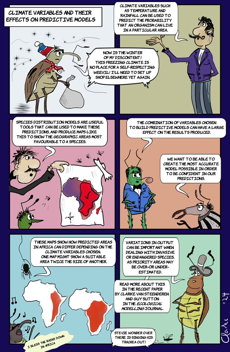 The CBC has a new manuscript in Ecological Modelling!
Clarke van Steenderen and Guy Sutton showed how MaxEnt models can vary in their output depending on the combination of climate variables used as predictors.  
sciencedirect.com/.../pii/S03043…
Comic drawn by Clarke.