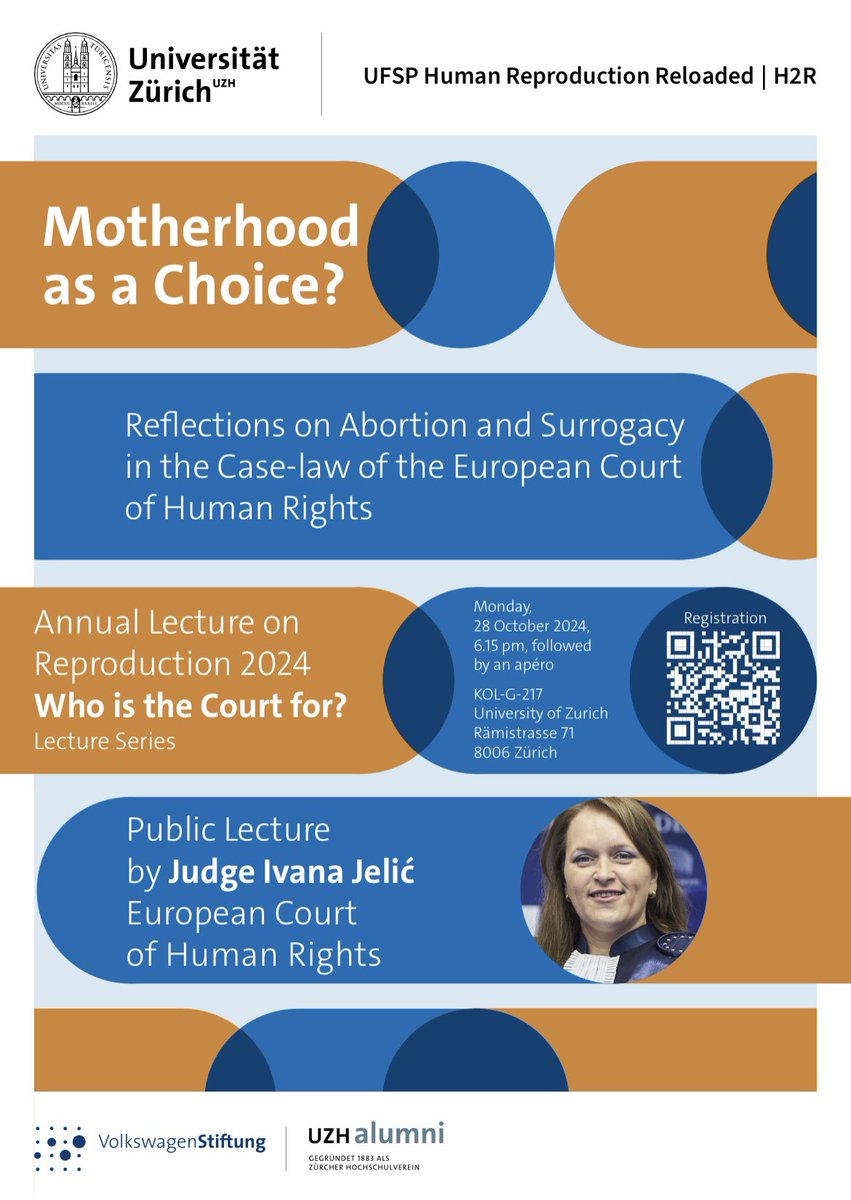 Alice Margaria (@alicemargaria) on Twitter photo After a successful workshop on the Human of the ECtHR, we’re getting ready to welcome <a href="/ECHR_CEDH/">ECHR CEDH</a> Judge Ivana Jelic at <a href="/UZH_ch/">Universität Zürich</a>
Motherhood as a Choice?
📆 28 October 6.15 pm
Register docs.google.com/forms/d/e/1FAI…
Hosted by <a href="/UZH_H2R/">URPP Human Reproduction Reloaded | H2R</a> & <a href="/VolkswagenSt/">VolkswagenStiftung</a> project Who is the Court for? After a successful workshop on the Human of the ECtHR, we’re getting ready to welcome <a href="/ECHR_CEDH/">ECHR CEDH</a> Judge Ivana Jelic at <a href="/UZH_ch/">Universität Zürich</a>
Motherhood as a Choice?
📆 28 October 6.15 pm
Register docs.google.com/forms/d/e/1FAI…
Hosted by <a href="/UZH_H2R/">URPP Human Reproduction Reloaded | H2R</a> & <a href="/VolkswagenSt/">VolkswagenStiftung</a> project Who is the Court for?