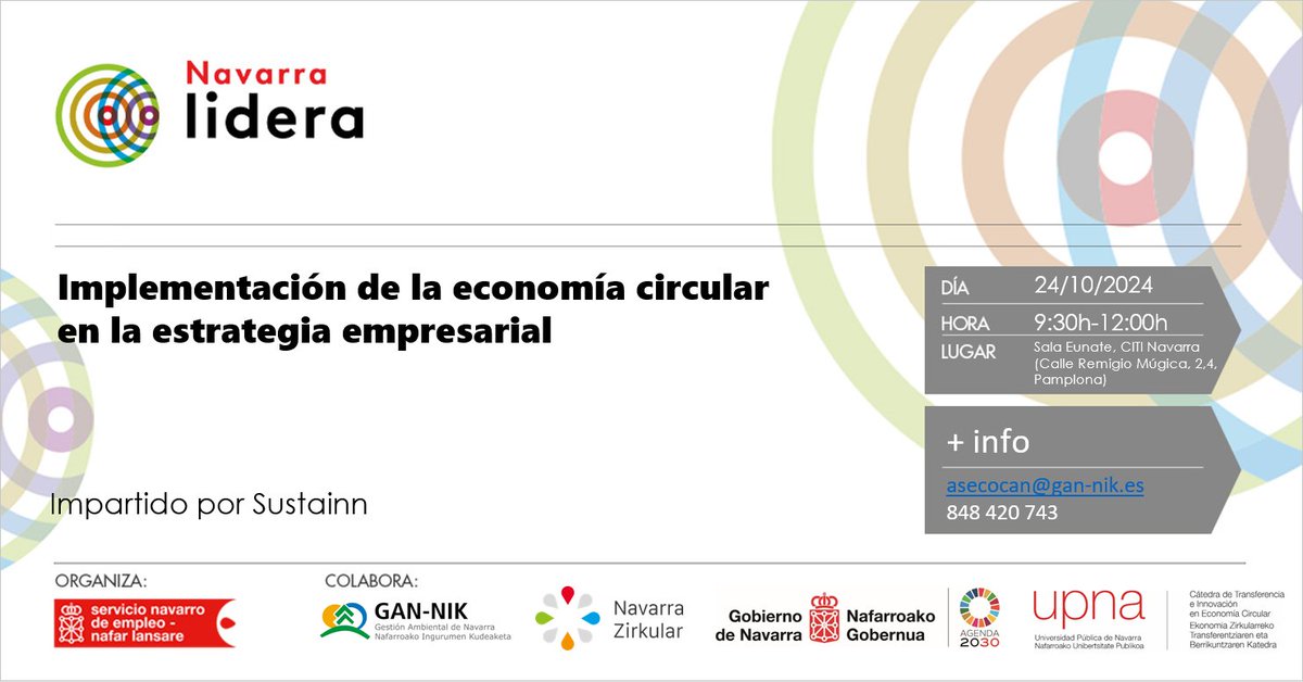 Directivo/a ¿Quieres integrar la economía circular en tu estrategia empresarial? inscríbete, bit.ly/4d62cyv, en esta formación organizada por el Servicio Navarro de Empleo dentro del programa Lidera