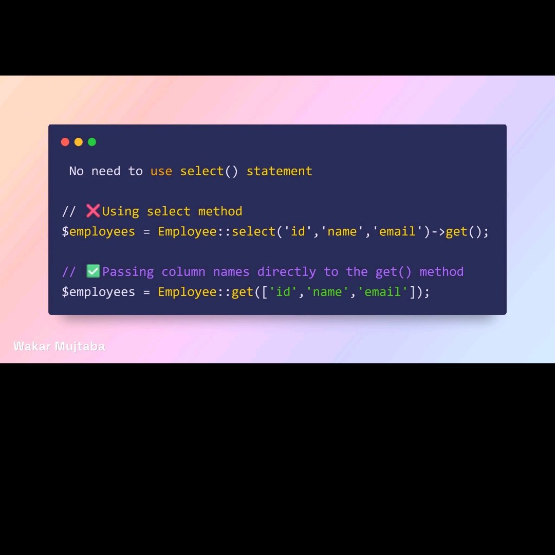 kngetich45's tweet image. There is no need to use a select statement 

#laravel