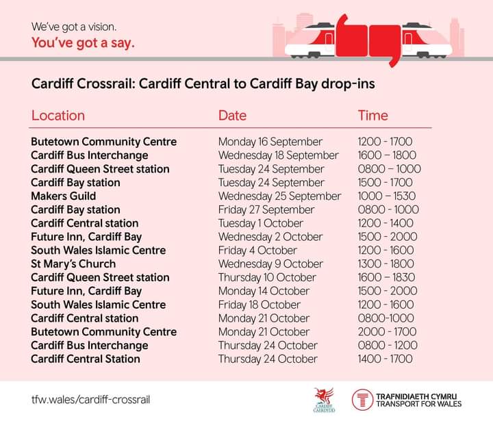 Dan De'Ath (@deathcardiff) on Twitter photo Want to know more about Cardiff Crossrail?
TfW and <a href="/cardiffcouncil/">Cardiff Council</a> are keen to hear a diverse range of views on plans for a new tramway between Cardiff Central and Cardiff Bay.
Join us at our community drop-in sessions. ⤵️ Want to know more about Cardiff Crossrail?
TfW and <a href="/cardiffcouncil/">Cardiff Council</a> are keen to hear a diverse range of views on plans for a new tramway between Cardiff Central and Cardiff Bay.
Join us at our community drop-in sessions. ⤵️