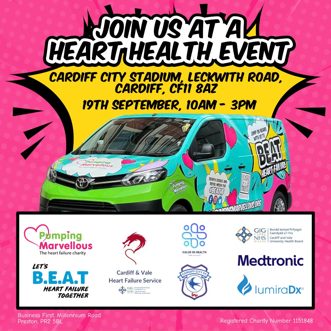 pumpinghearts's tweet image. We'll be in Cardiff on Thursday this week for our next Heart Health Event.     

If you are experiencing:    
Breathlessness  
Exhaustion  
Ankle swelling  
Time to attend the event because these could be signs of Heart Failure.   

#HeartFailure #BeatHF #FoundYou  
@LumiraDX