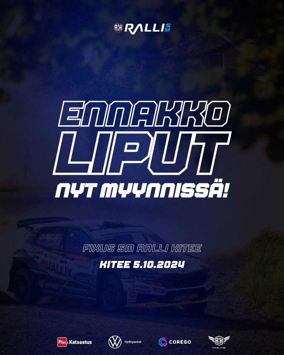Ralli SM -kauden 2024 päätösosakilpailun, Fixus SM Ralli Kiteen lippukauppa Coregoshopissa on nyt auki! 🙌

Käy nappaamassa rallipassi tai ek-lippu haltuun osoitteessa coregoshop.fi/smrallikitee20…

#rallism #flyingfinn <a href="/smrallikitee/">Fixus SM Ralli Kitee 2024</a>