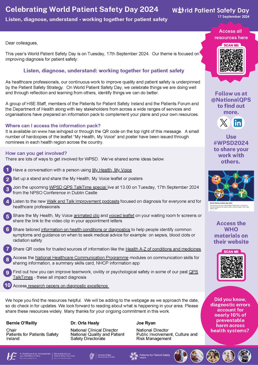 The Theme for World Patient Safety Day on 17th September is "Listen, diagnose, understand:  working together for patient safety” 
Find out more about the resources available⬇️
www2.healthservice.hse.ie/organisation/n…
#WPSD2024 @NationalQPS <a href="/mapflynn/">Dr Maureen Flynn</a> <a href="/dept/">adept</a>