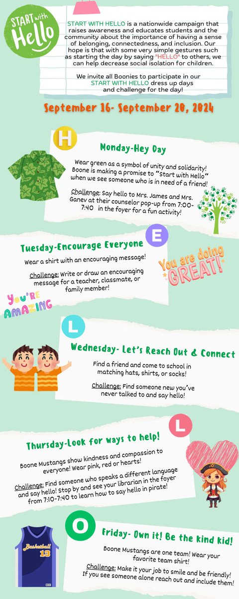 MrsJames (@mrsjames_f117) on Twitter photo Kicking off our Start with Hello Week today!
Join us in participating in this week’s activities!
Check out our dress up week below!
<a href="/mrsganev/">Alyssa Ganev</a> <a href="/NISDBOONE/">Murray E. Boone</a> <a href="/NISDCounseling/">NISD Counseling</a> Kicking off our Start with Hello Week today!
Join us in participating in this week’s activities!
Check out our dress up week below!
<a href="/mrsganev/">Alyssa Ganev</a> <a href="/NISDBOONE/">Murray E. Boone</a> <a href="/NISDCounseling/">NISD Counseling</a>