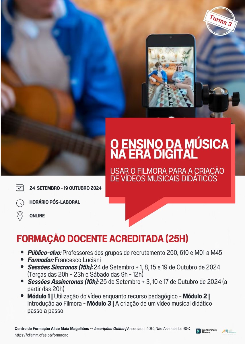 FlucianiGuitar's tweet photo. 🔔 Começa na próxima segunda-feira, 23 de Setembro! 🔔

Formação Docente Acreditada (25h) totalmente online – Professores GR 250, 610 e M01 a M45.  

Inscreve-te: https://t.co/8WttY9ufCs

 #formacaodocente #professoresmusica #docentes #ensinoartistico https://t.co/JNxGKS9580
