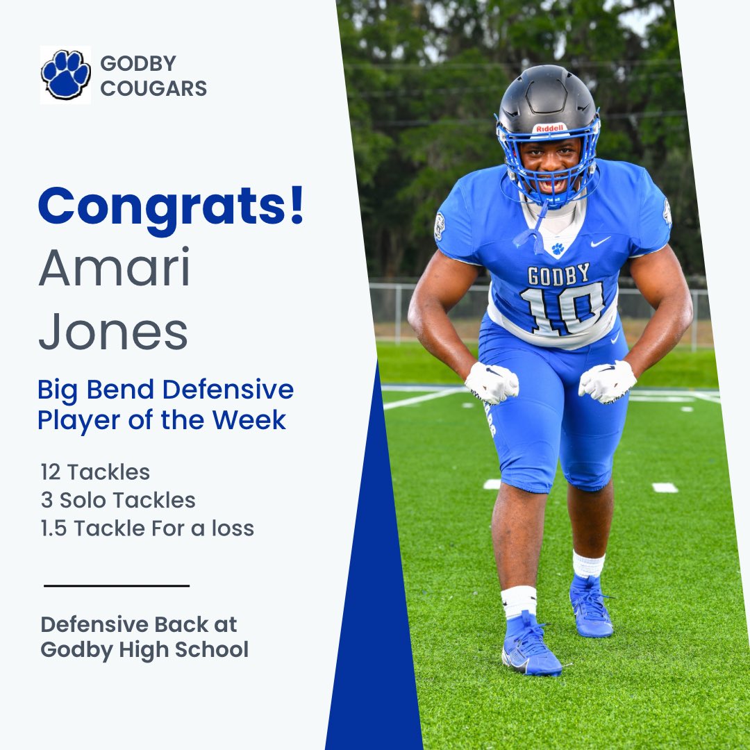 3 weeks in a row! A Godby player has been recognized by the Big bend! Congratulations <a href="/lulmari_3k/">Amari jones</a> on being named Defensive player of the week! 

<a href="/CoachHolston/">John Holston</a> 

#RightNow
#apg