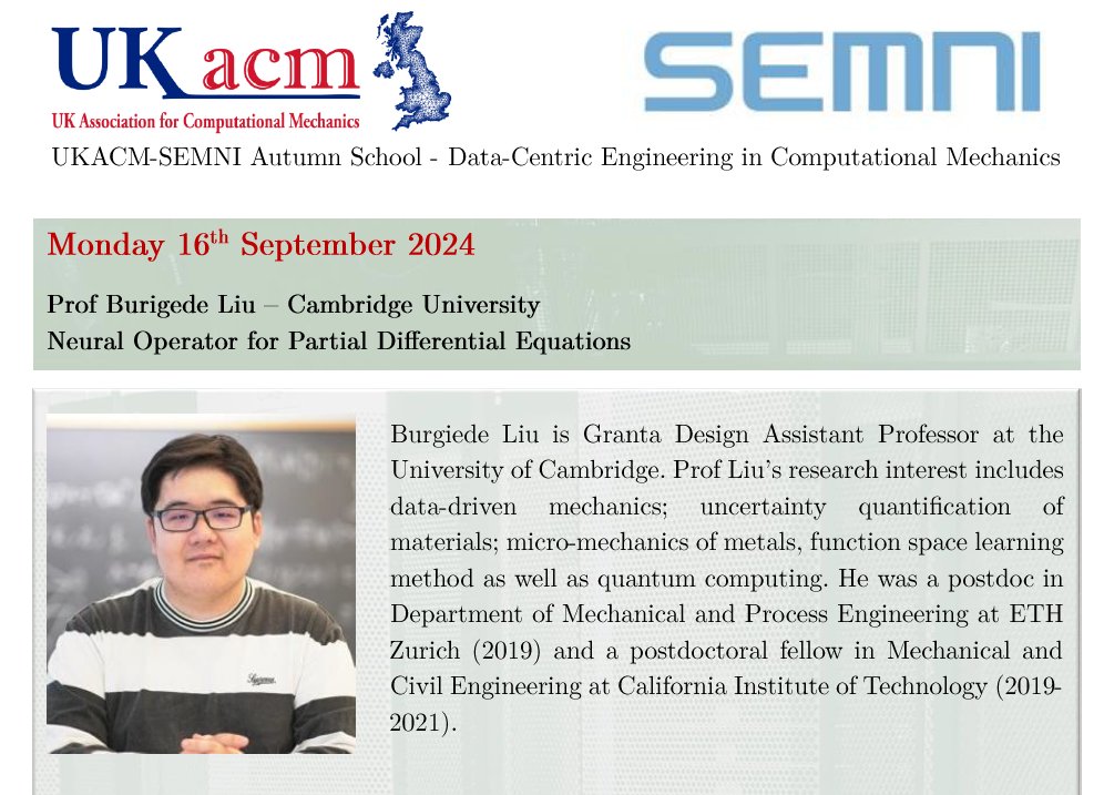 UKACM (@uk_acm) on Twitter photo Great first day of the UKACM-SEMNI autumn school with Burigede Liu today from Cambridge University talking about Neural operators for PDEs.
<a href="/UK_ACM/">UKACM</a> <a href="/semni_social/">SEMNI </a> <a href="/BurigedeL/">Burigede Liu</a> <a href="/Cambridge_Uni/">Cambridge University</a> Great first day of the UKACM-SEMNI autumn school with Burigede Liu today from Cambridge University talking about Neural operators for PDEs.
<a href="/UK_ACM/">UKACM</a> <a href="/semni_social/">SEMNI </a> <a href="/BurigedeL/">Burigede Liu</a> <a href="/Cambridge_Uni/">Cambridge University</a>