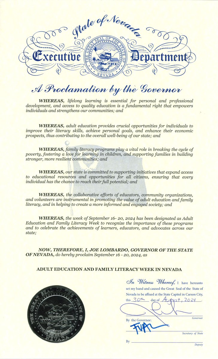 NvstateED's tweet photo. Thank you @JosephMLombardo for a first-ever proclamation promoting adult education and lifelong learning in Nevada to kick off the Nevada Adult Education and Family Literacy Week Sept. 16 - 20. https://t.co/yu7dvF0cTP #NVAdultEdWeek https://t.co/kyi14ZLtbq