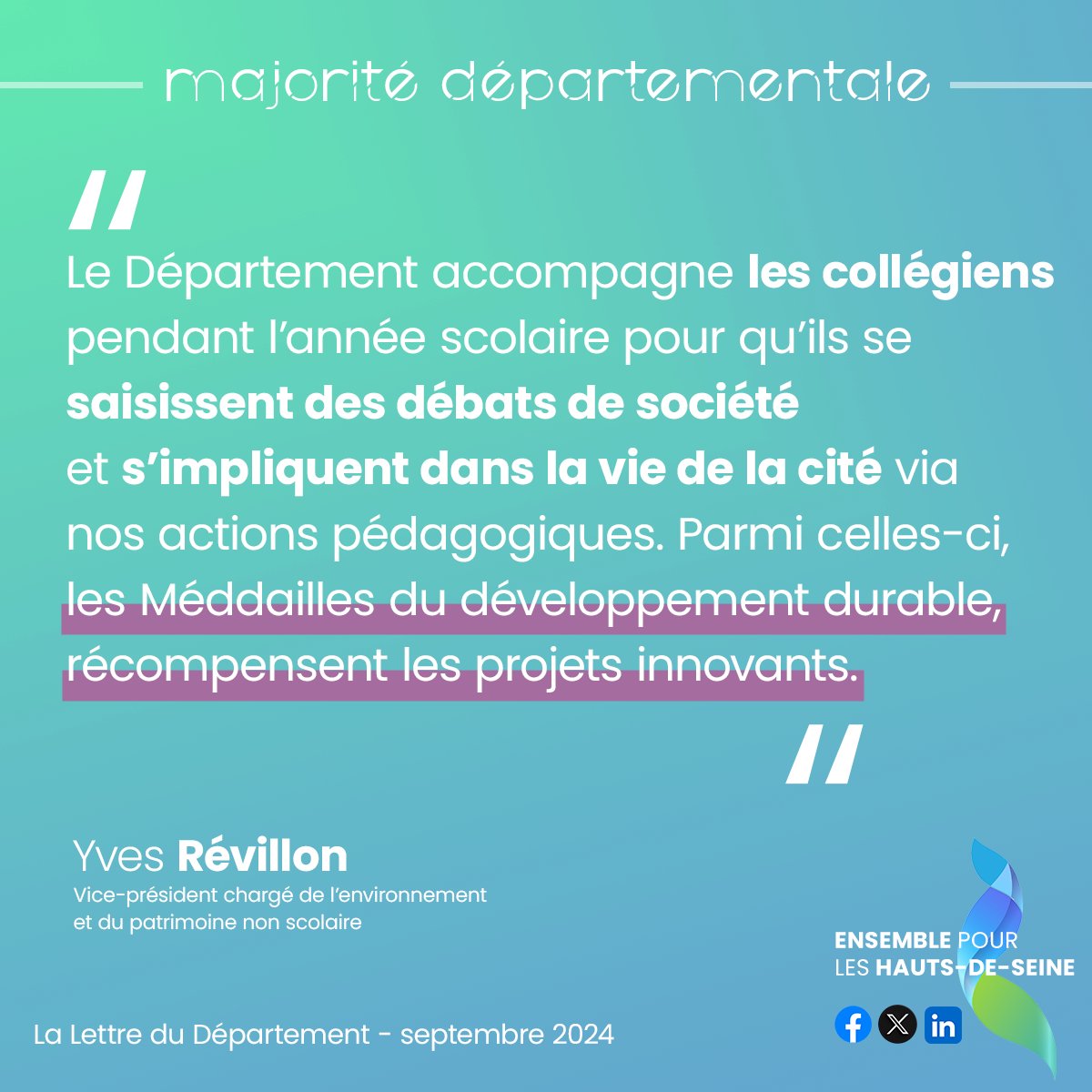 Notre élu <a href="/yvesrevillon/">Yves Révillon</a> rappelle l'engagement des collégiens des #HautsDeSeine en faveur de l'environnement et la volonté de notre collectivité de rendre le territoire toujours plus agréable à vivre 🌳
#agenda2030
➡️calameo.com/hauts-de-seine…