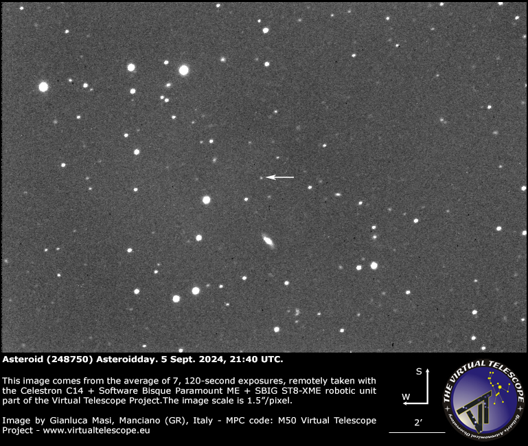 Virtual Telescope (@virtualtelescop) on Twitter photo A few nights ago, we imaged asteroid (248750) Asteroidday, named after the <a href="/AsteroidDay/">Asteroid Day ☄</a> initiative founded in 2014, an UN-sanctioned global awareness campaign participated annually on 30 June to inspire, engage and educate the public about asteroids opportunities and risk. A few nights ago, we imaged asteroid (248750) Asteroidday, named after the <a href="/AsteroidDay/">Asteroid Day ☄</a> initiative founded in 2014, an UN-sanctioned global awareness campaign participated annually on 30 June to inspire, engage and educate the public about asteroids opportunities and risk.