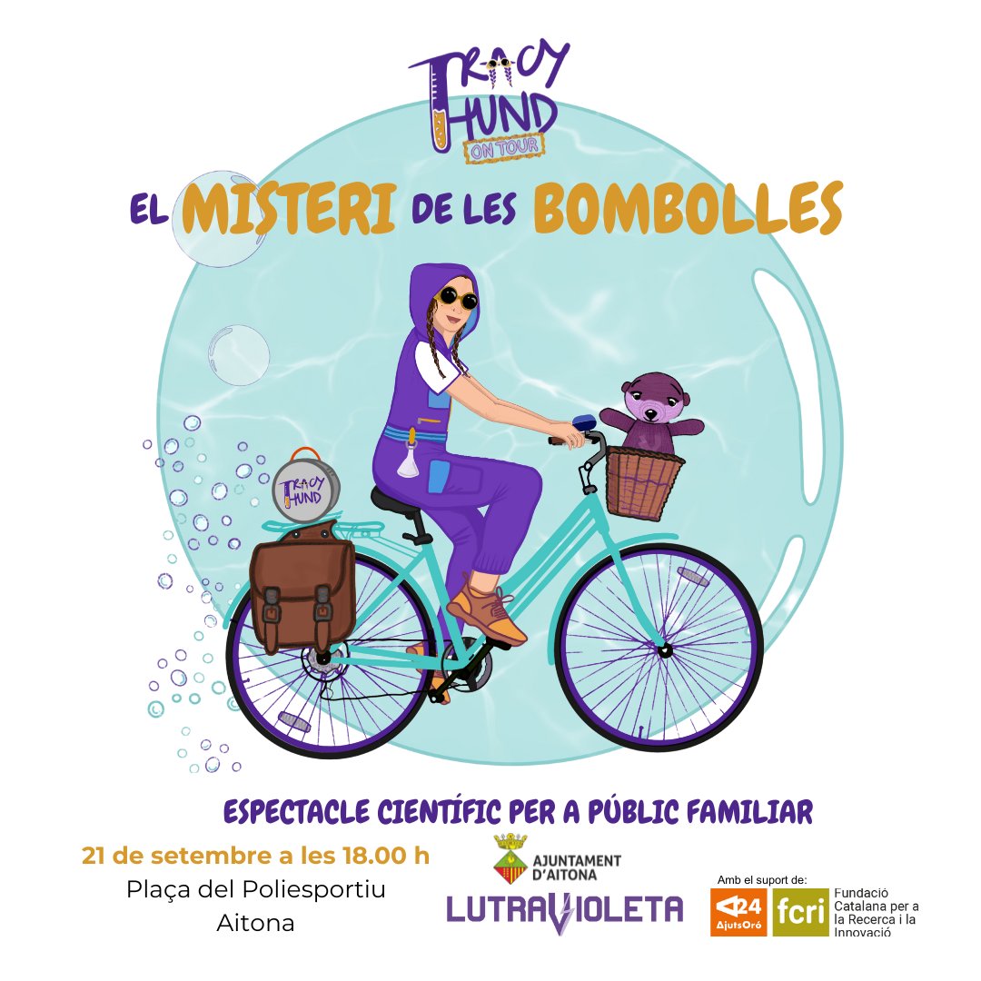 aj_Aitona's tweet photo. 📅 @lutravioleta i l’Ajuntament d’#Aitona organitzen 'El misteri de les bombolles', un espectacle que tindrà lloc el dissabte 21 de setembre a la 📍plaça del Poliesportiu.

Us hi esperem! 👋
Amb el suport de @fundaciorecerca (Convocatòria Joan Oró 2024) https://t.co/klDYXu8x3S