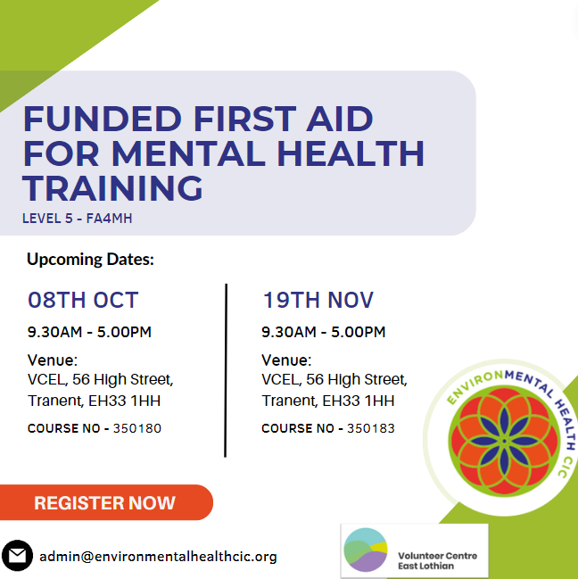 In partnership with <a href="/VolunteerEL/">Volunteer Centre East Lothian</a>, we’re offering funded spaces for Community Practitioners and Volunteers in East Lothian. This RQF and SCQF accredited course covers mental health conditions, supportive conversations, and signposting for help!