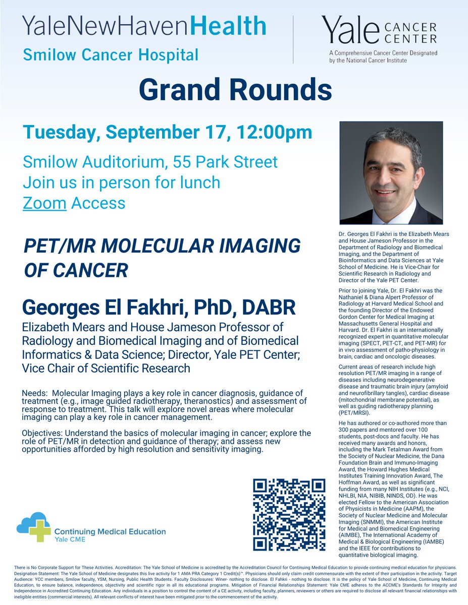 YaleCancer's tweet photo. Tomorrow at 12pm, join us for #GrandRounds featuring Dr. Georges El Fakhri @YaleRadiology presenting "PET/MR Molecular Imaging of Cancer."  Join us for lunch in Smilow Auditorium or watch on Zoom. https://t.co/KpblUbYt5y
@SmilowCancer @YaleMed @YNHH @YaleBIDS @YalePET https://t.co/rEgM1CKZhC