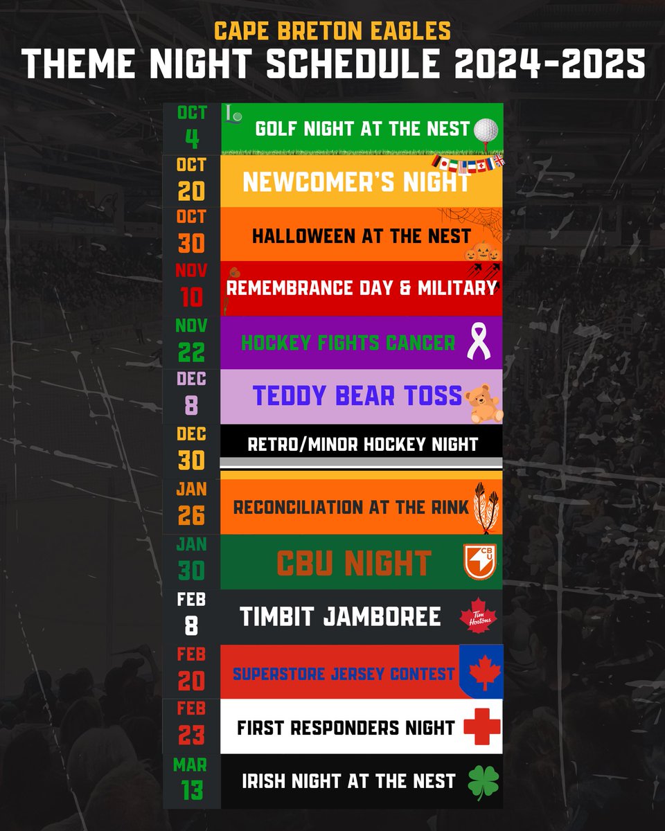 Check out our full regular season calendar and theme night schedule for 2024-2025! 

Home opener weekend begins September 27th 🗓️

TICKETS ➡️ ticketmaster.ca/cape-breton-ea…

#GoEaglesGo #HockeyIsland