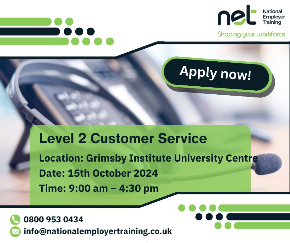 Equip yourself with the tools and techniques needed to deliver exceptional service with our Level 2 Customer Service course!

Apply today!

📞 0800 953 0434
📧 info@nationalemployertraining.co.uk

#CustomerService #ProfessionalDevelopment #CareerGrowth