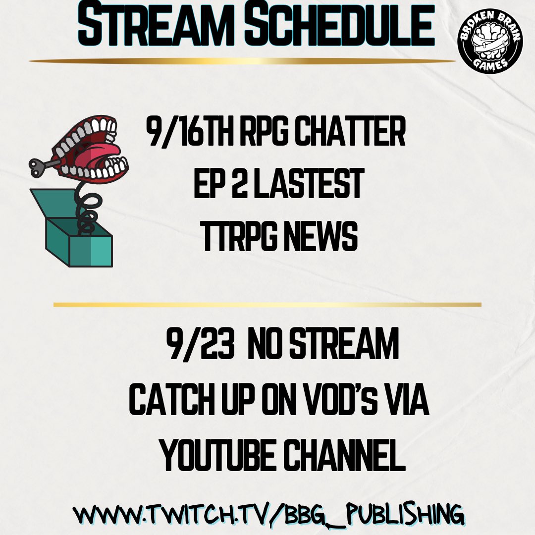 Hope yall had a good weekend. We go live tonight at 7 pm (CST) for RPG Chatter Ep 2. Discussing the latest TTRPG news, exciting kickstarters, and topic of the week. Hope to see you online.