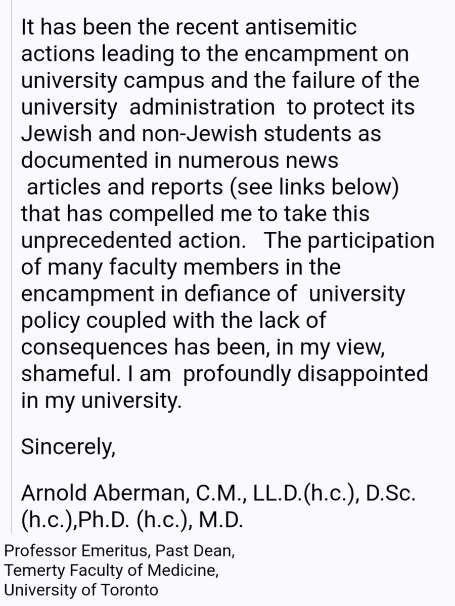 DrJacobsRad's tweet image. Dr. Arnold Aberman, Past Dean of the University of Toronto Temerty Faculty of Medicine, has returned his honorary Doctor of Laws degree because of the rampant antisemitism at @UofT.

This is the first time an honorary degree has ever been returned to the University of Toronto.