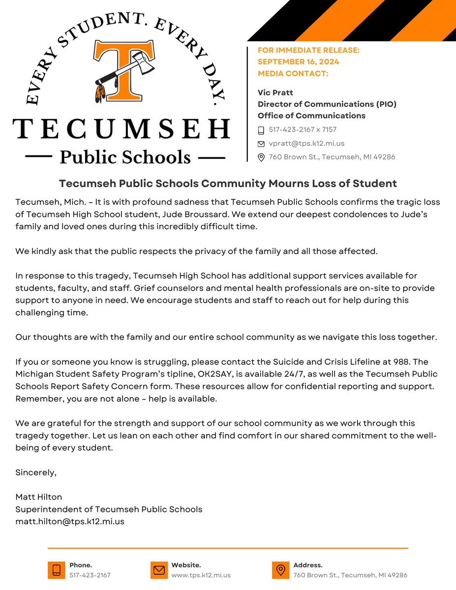 Tecumseh Public Schools is deeply mourning the loss of Tecumseh High School student Jude Broussard.

We ask that you keep Jude's family in your thoughts and prayers during this incredibly difficult time.

🧡🖤