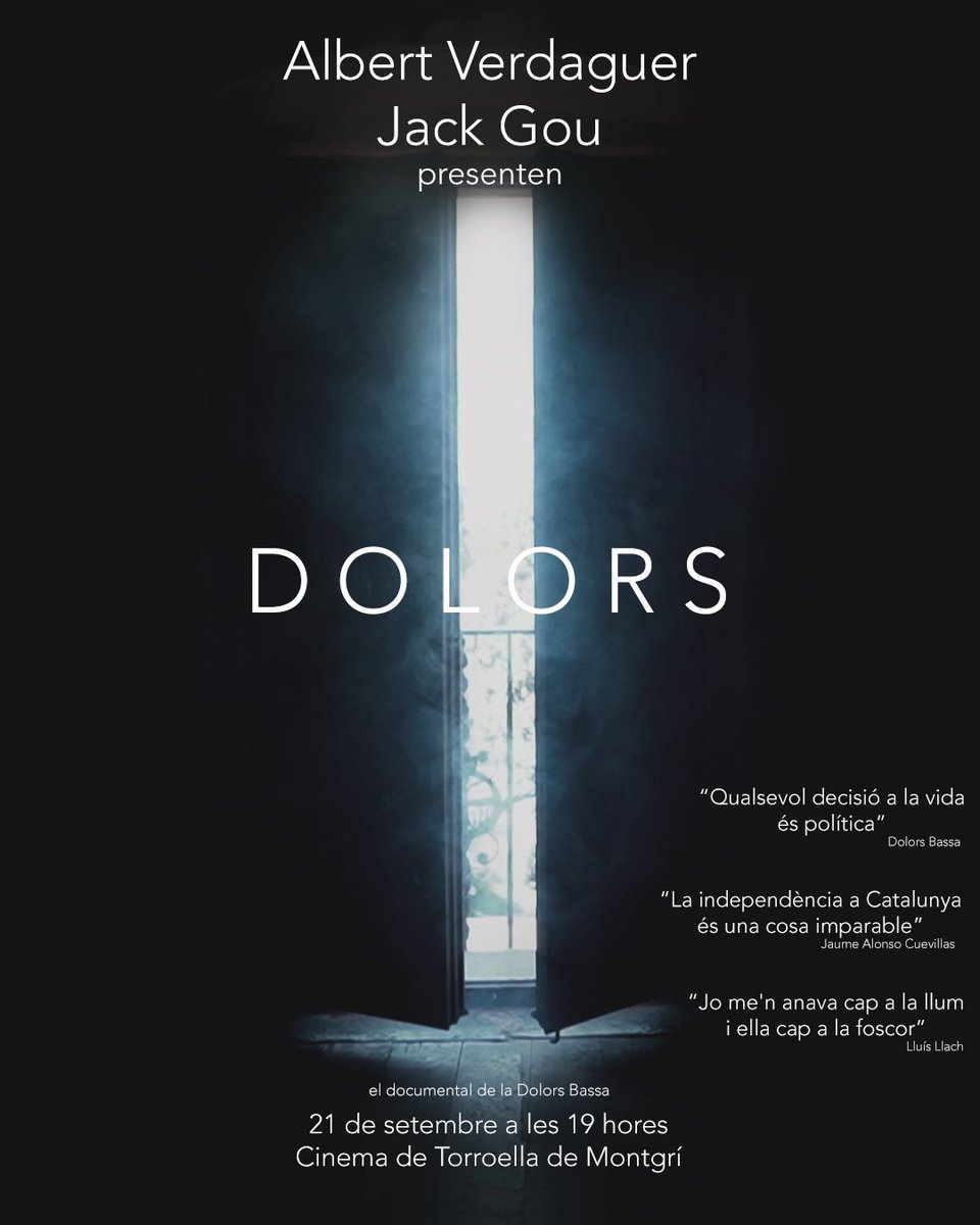 Ens plau de compartir amb vosaltres l'estrena del documental "DOLORS" que es farà el pròxim 21 de setembre al Cinema de Torroella de Montgrí.

Esperem veure-us allí! 🎬🙌