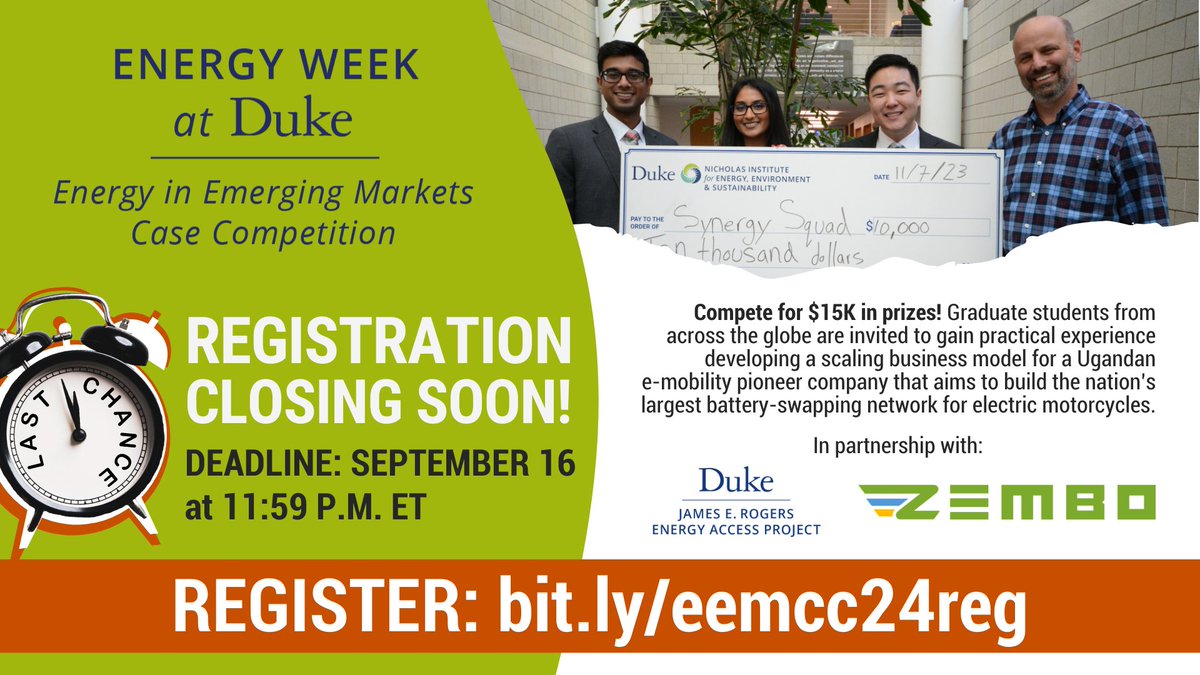 🚨 Register now for Duke's Energy in Emerging Markets Case Competition! 

Compete for a share of $15,000 by creating a business model for <a href="/gozembo/">Zembo</a> 🏆

🗓 Deadline: September 16th, 11:59 PM EDT. (Teams can be incomplete at registration)

Register here ➡️bit.ly/eemcc24reg