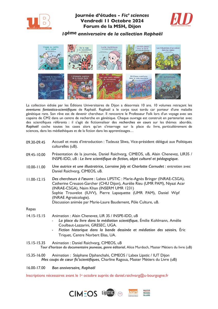 Daniel Wipf (@wipf1967) on Twitter photo Le 11 octobre à MSH de Dijon, aura lieu une journée pour 10e anniversaire de collection livres pour enfants Raphaël abordant sujets en lien avec les recherches développées en Région BFC (informations dans pdf joint) @univbourgogne <a href="/INRAE_BFC_Dijon/">INRAE BFC Dijon</a> <a href="/UMRAgroecologie/">UMRAgroecologie</a> Le 11 octobre à MSH de Dijon, aura lieu une journée pour 10e anniversaire de collection livres pour enfants Raphaël abordant sujets en lien avec les recherches développées en Région BFC (informations dans pdf joint) @univbourgogne <a href="/INRAE_BFC_Dijon/">INRAE BFC Dijon</a> <a href="/UMRAgroecologie/">UMRAgroecologie</a>