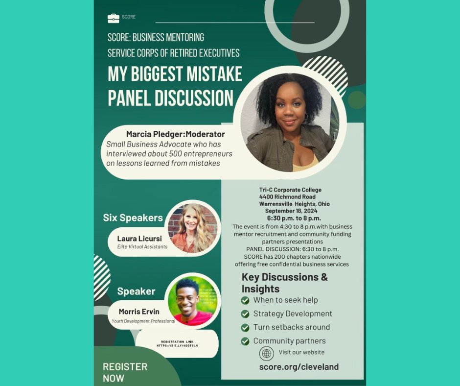 I’m thrilled to be one of the speakers at "My Biggest Mistake" hosted by SCORE on September 18th. Join us for some networking, expert insights, and real talk about how to turn setbacks into growth. 💡 score.org/cleveland/comm…

#Networking #SCORE #Entrepreneurship