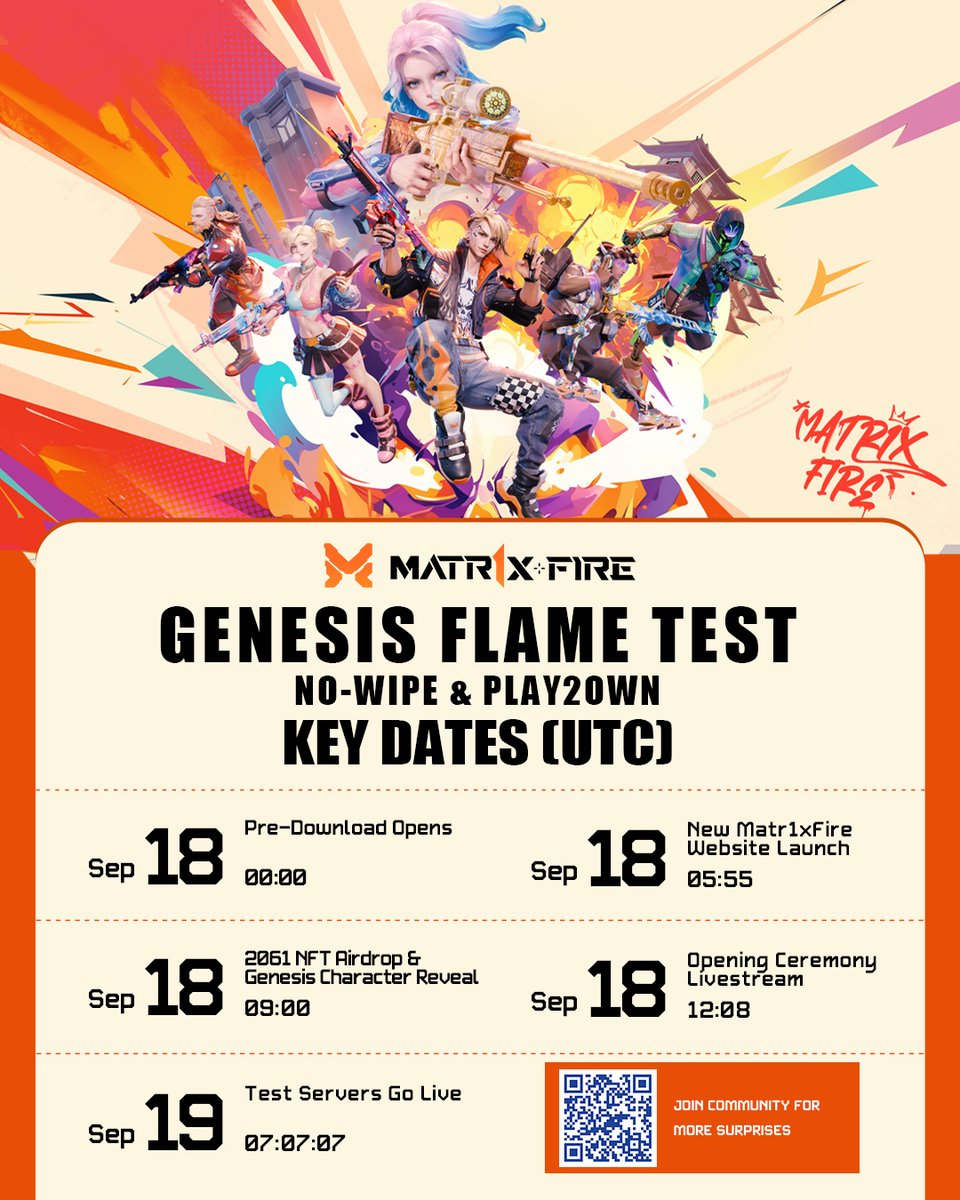 🔥 #Matr1xFire Genesis Flame Test (No-Wipe &amp; Play2Own)

⚡️ Key Dates (UTC):

• Sep 18, 00:00 – Pre-Download Opens

• Sep 18, 05:55 – New Matr1xFire Website Launch

• Sep 18, 09:00 – 2061 NFT Airdrop &amp; Genesis Character Reveal

• Sep 18, 12:08 – Opening Ceremony Livestream

•