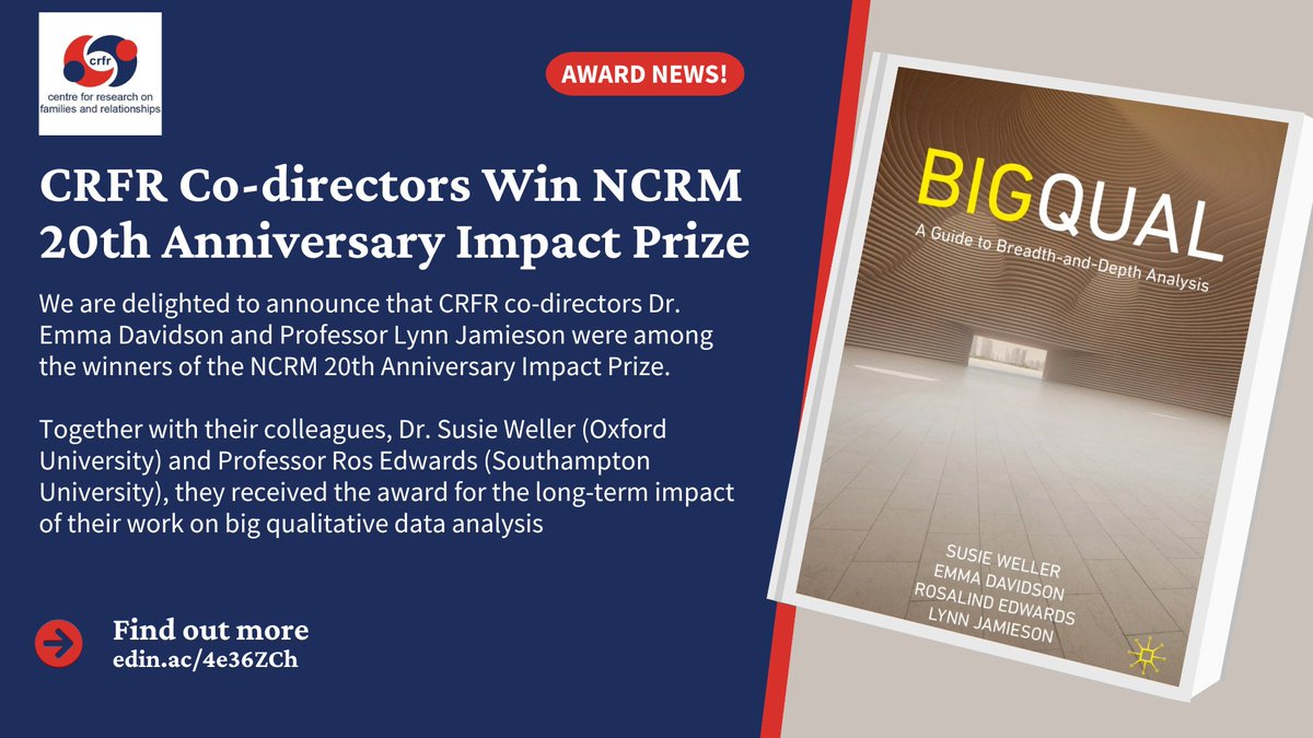 CRFR (@crfrtweets) on Twitter photo We are delighted that CRFR Co-directors <a href="/emz_davidson/">Emma Davidson</a> and <a href="/lynnjamieson/">Lynn Jamieson</a>, together with <a href="/DrSusieWeller1/">Dr Susie Weller</a> and <a href="/RosEdwards2/">Ros Edwards 🕯🌱</a>, were among the winners of the <a href="/NCRMUK/">NCRM</a> 20th Anniversary Impact Prize, for their work on big qualitative data analysis!
Read more: edin.ac/4e36ZCh We are delighted that CRFR Co-directors <a href="/emz_davidson/">Emma Davidson</a> and <a href="/lynnjamieson/">Lynn Jamieson</a>, together with <a href="/DrSusieWeller1/">Dr Susie Weller</a> and <a href="/RosEdwards2/">Ros Edwards 🕯🌱</a>, were among the winners of the <a href="/NCRMUK/">NCRM</a> 20th Anniversary Impact Prize, for their work on big qualitative data analysis!
Read more: edin.ac/4e36ZCh