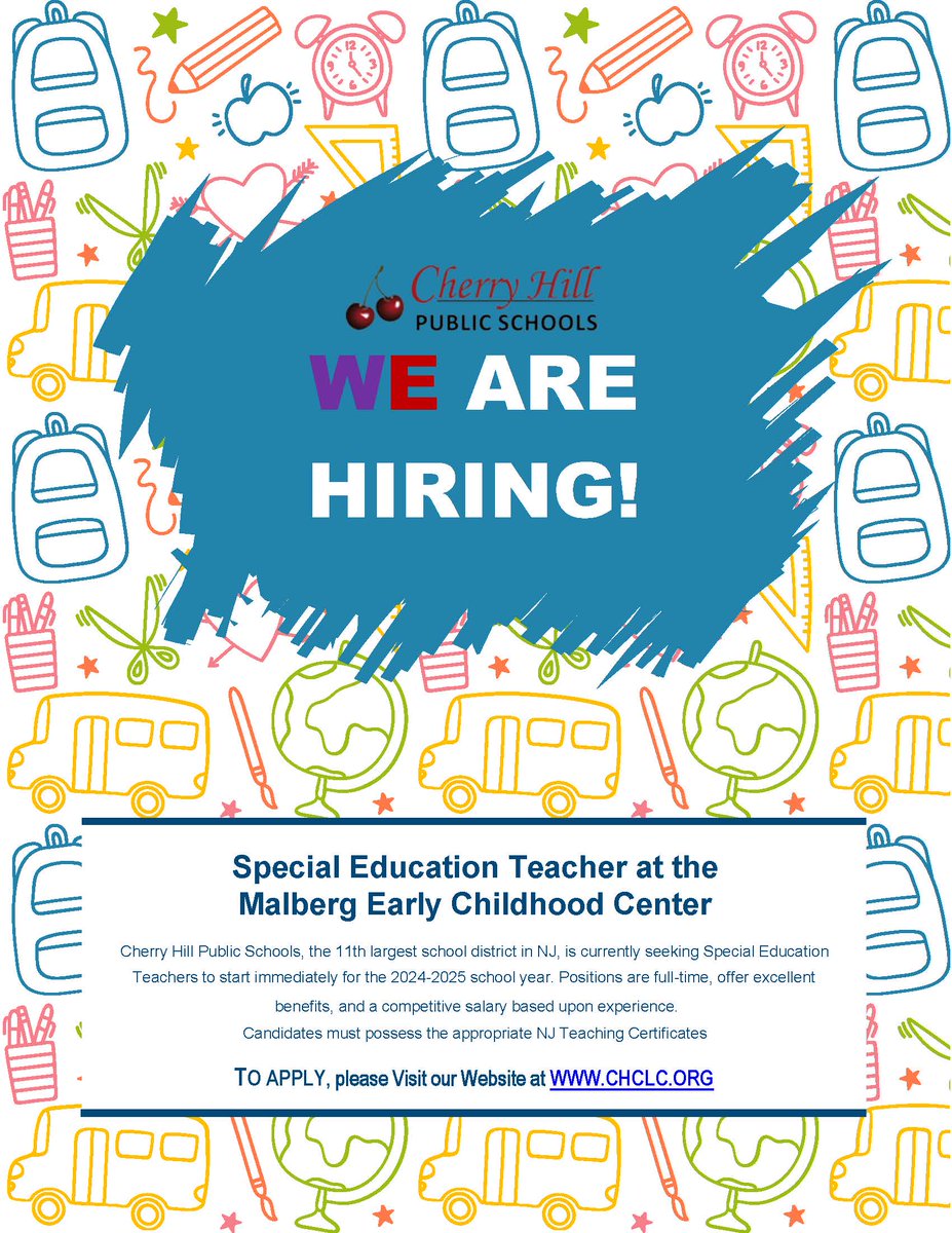 Cherry Hill Schools (@chpstweets) on Twitter photo WE are hiring: Special Education Teacher at <a href="/Malberg_ECC/">Malberg ECC</a> to start immediately for the 2024-2025 school year. Full-time, excellent benefits & competitive salary based upon experience. Candidates must possess appropriate NJ Teaching Certificates. Apply at chclc.org WE are hiring: Special Education Teacher at <a href="/Malberg_ECC/">Malberg ECC</a> to start immediately for the 2024-2025 school year. Full-time, excellent benefits & competitive salary based upon experience. Candidates must possess appropriate NJ Teaching Certificates. Apply at chclc.org