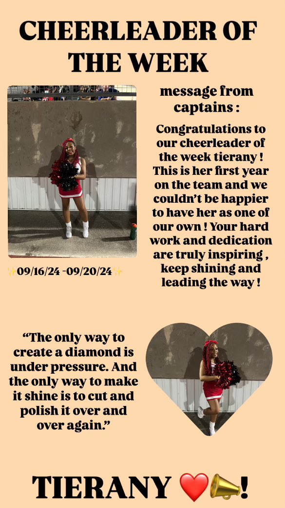 ManorCheer's tweet image. Congrats to Tierany on cheerleader of the week! We are very proud of you!!!📣📣❤️🖤  #cheer #mustangs