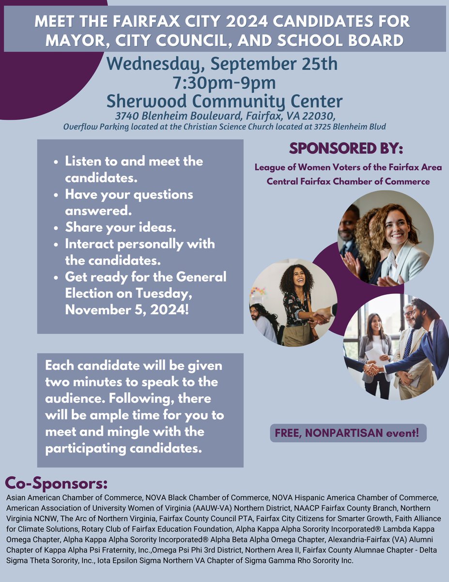 Meet the Fairfax City 2024 Candidates for Mayor, City Council, and School Board next Wednesday, September 25th. The event runs 7:30-9pm at the Sherwood Community Center in Fairfax. Check out our long list of amazing co-sponsors!

#lwv #empoweringvoters #fairfax