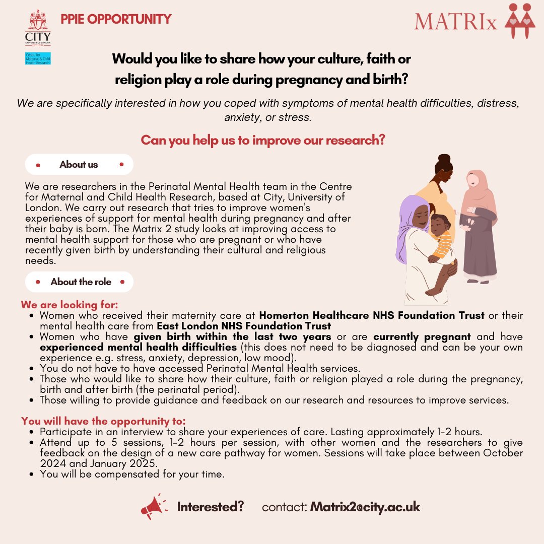 The MATRIx Study (@matrixstudy) on Twitter photo We are now recruiting for MATRIx 2. Please share or email matrix2@city.ac.uk to take part!
#HomertonHealthcareNHSTrust #PPI #PPCIE #ELFT #NHS #Perinatalmentalhealth #maternalmentalhealth #religion #faith #serviceimprovement #patientparticipantinvolvement We are now recruiting for MATRIx 2. Please share or email matrix2@city.ac.uk to take part!
#HomertonHealthcareNHSTrust #PPI #PPCIE #ELFT #NHS #Perinatalmentalhealth #maternalmentalhealth #religion #faith #serviceimprovement #patientparticipantinvolvement