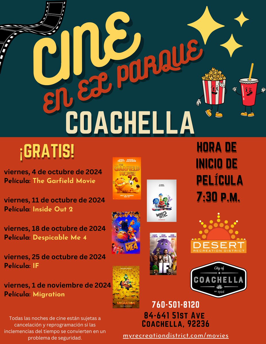 Check out the Movies in the Park that we have coming up in Coachella. Now that the weather is getting nicer, come out on Fridays to watch a movie with us! 
Screenings begin at 7:30pm.
Find out more here: myrecreationdistrict.com/movies