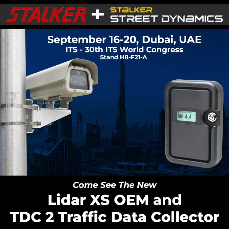 Visit us at the 30th ITS World Congress in Dubai (Stand H8-F21-A).

We will be showing our new Lidar XS OEM, which gives OEMs the ability to integrate our Lidar technology into their photo and speed enforcement products, as well as our TDC 2 Traffic Data Collector.