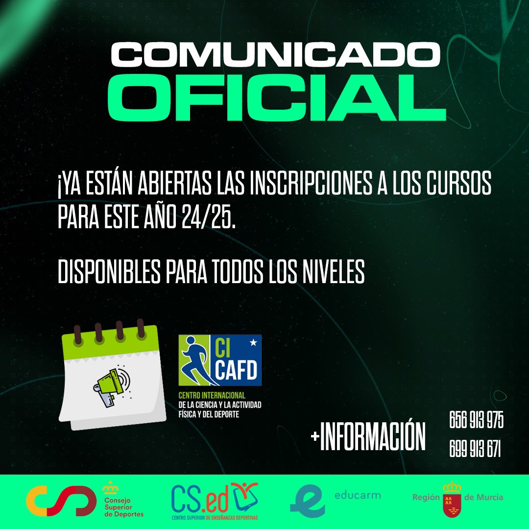 CICAFD's tweet photo. 🚨 COMUNICADO OFICIAL CICAFD🚨

🔹 Abierto el plazo de inscripción en cualquiera de los 3 niveles para el próximo curso, no esperes más y da el paso para convertirte en entrenador de futbol
🧐Pregunta por nuestras ofertas especiales para el 24/25  
🫵NO PIERDAS LA OPORTUNIDAD!🫵 https://t.co/tObT3nH7rK