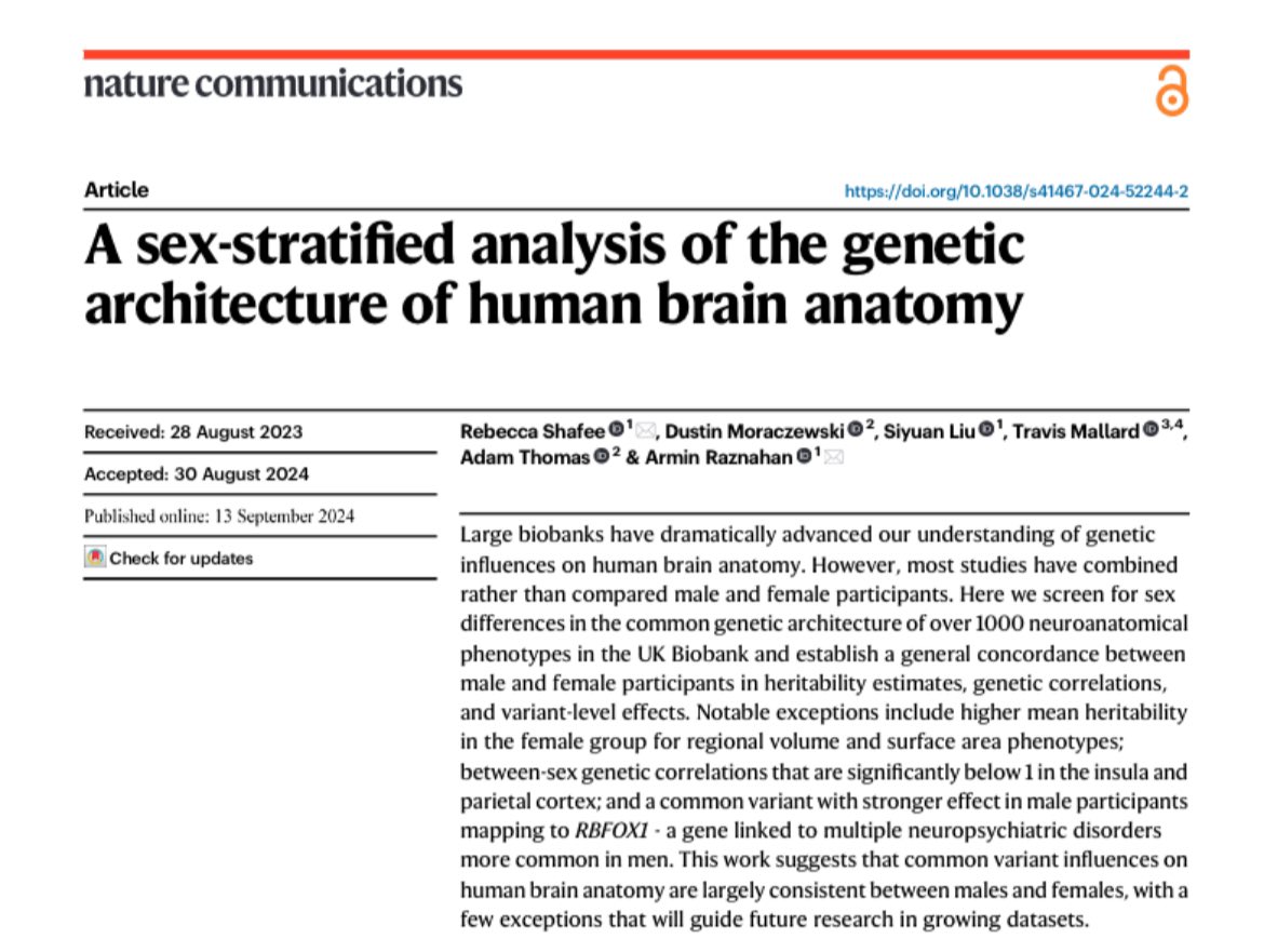 Rebecca Shafee (@rebecca_shafee) on Twitter photo Our paper (<a href="/bogglerapture/">Armin Raznahan</a> <a href="/damadam/">AdamT</a>, @dmoracze , Siyuan Liu, <a href="/wakeworksleep/">Travis Mallard</a>) on sex differences in the genetic architecture of the human brain anatomy is now out in <a href="/NatureComms/">Nature Communications</a> <a href="/SpringerNature/">Springer Nature</a> !
rdcu.be/dTUX1
Please see original post below for details… Our paper (<a href="/bogglerapture/">Armin Raznahan</a> <a href="/damadam/">AdamT</a>, @dmoracze , Siyuan Liu, <a href="/wakeworksleep/">Travis Mallard</a>) on sex differences in the genetic architecture of the human brain anatomy is now out in <a href="/NatureComms/">Nature Communications</a> <a href="/SpringerNature/">Springer Nature</a> !
rdcu.be/dTUX1
Please see original post below for details…