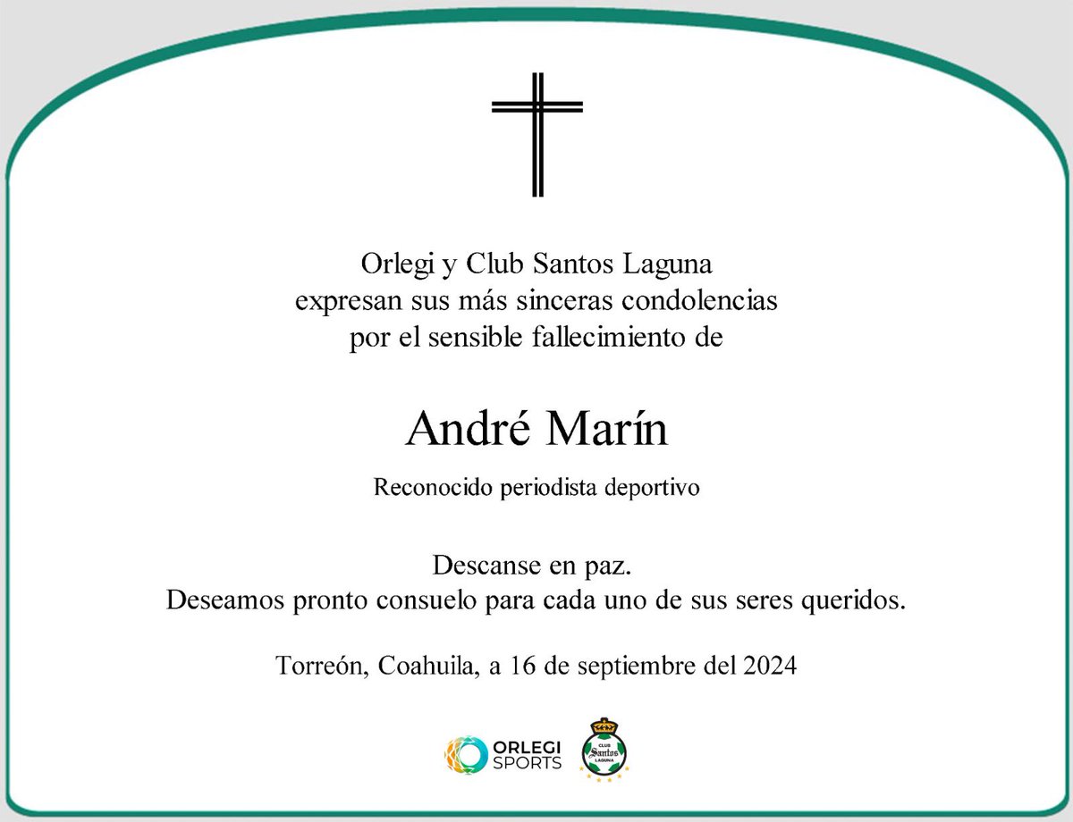 ClubSantos's tweet photo. Expresamos nuestras condolencias por el sensible fallecimiento de André Marín, periodista deportivo. 

Enviamos un solidario abrazo y pronta resignación a su familia y amigos. 

Descanse en paz. ✝️ https://t.co/mSGptTOe6m