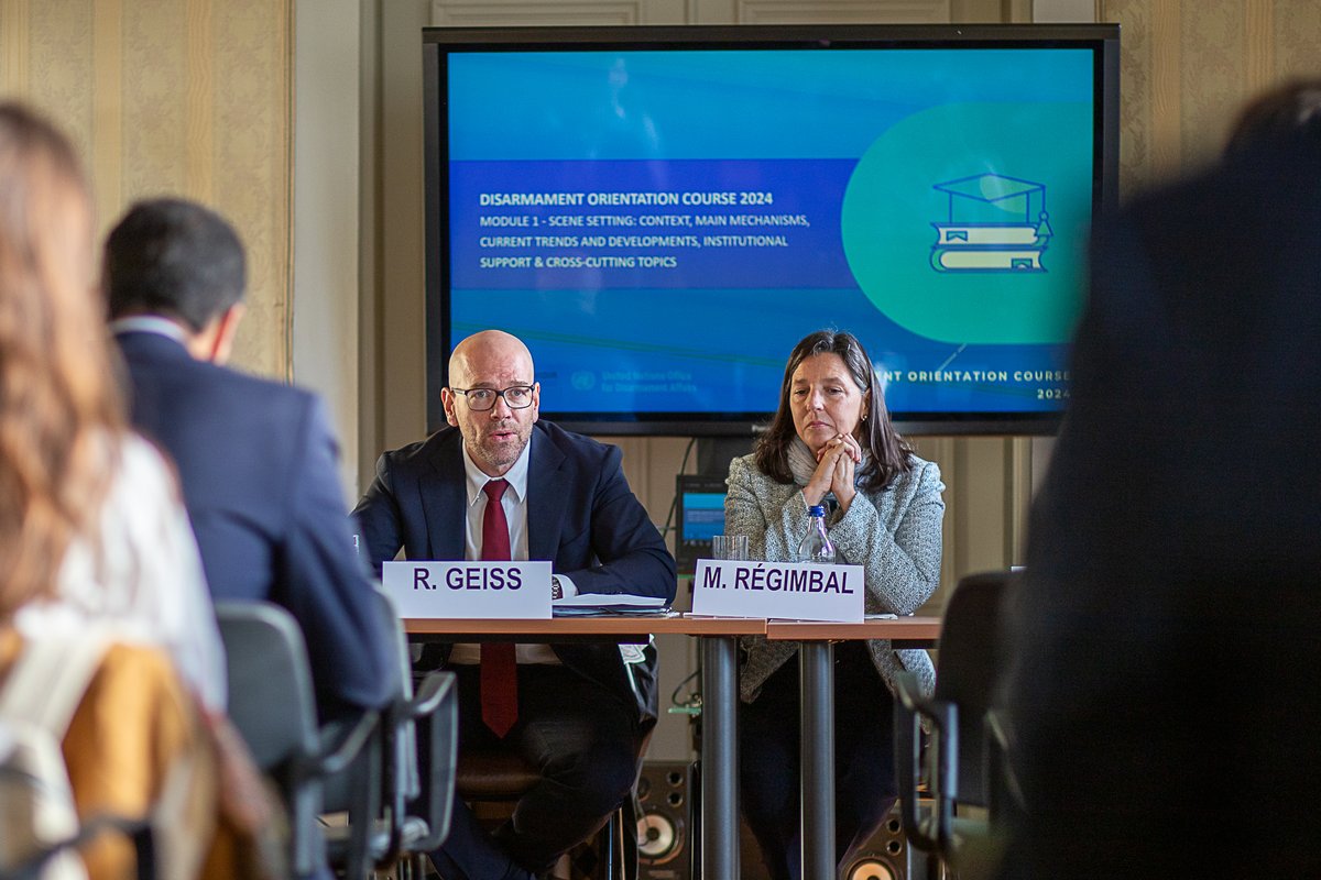 UNIDIR's tweet photo. (2/3) Module 1/5 of #DOC2024 set the scene with a roundtable moderated by UNIDIR Director Dr. Robin Geiss and @MelanieRegimbal where discussants covered the context, main mechanisms, current trends and developments in disarmament including the #WPS Agenda and Pact for the Future. https://t.co/1nv9Ap9ZDX