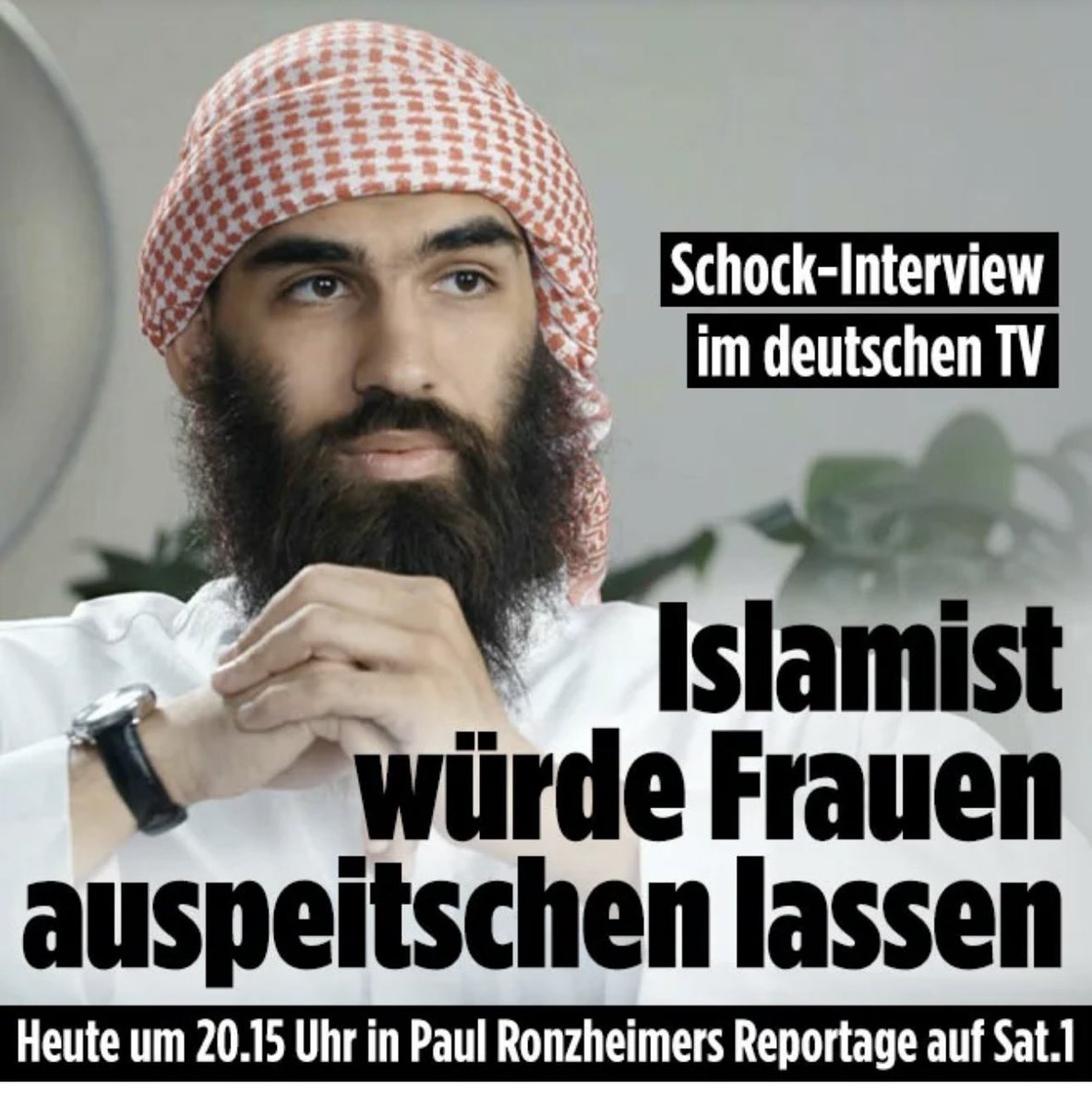 Heute ab 20.15 Uhr bei Sat 1 habe ich auch einen radikalen Salafisten interviewt, der vom Verfassungsschutz beobachtet wird und ganz offen zu seinen Überzeugungen steht. Sein Vorbild: Ein Kalifat wie unter den Taliban. Hier eine Vorschau zu heute Abend: m.bild.de/politik/paul-r…