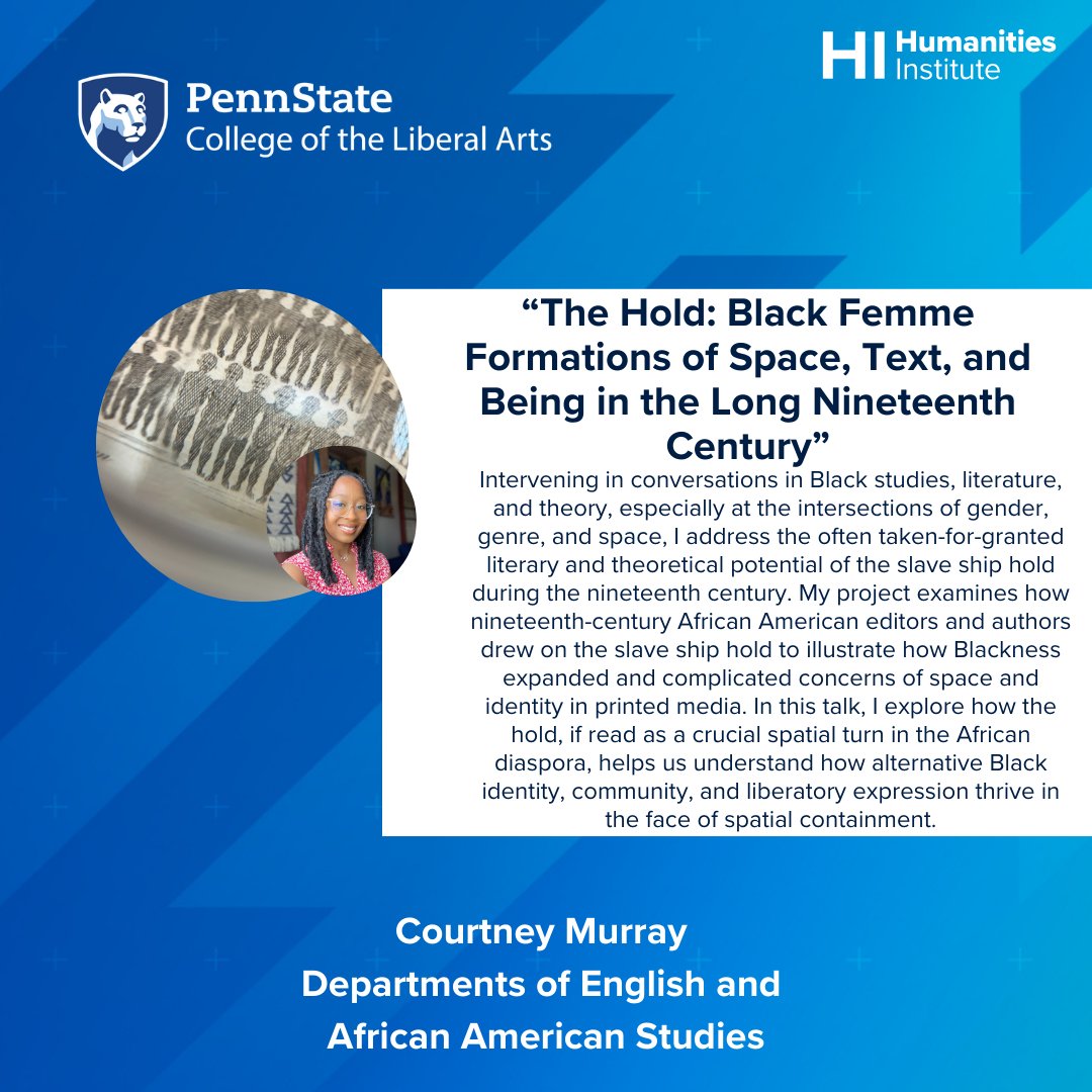 PSUHumanities's tweet image. Come hear our Graduate Student Summer Resident Talks tomorrow (Tuesday, Sept. 17) from 12-1pm in 124 Sparks Building! Lunch will be provided.