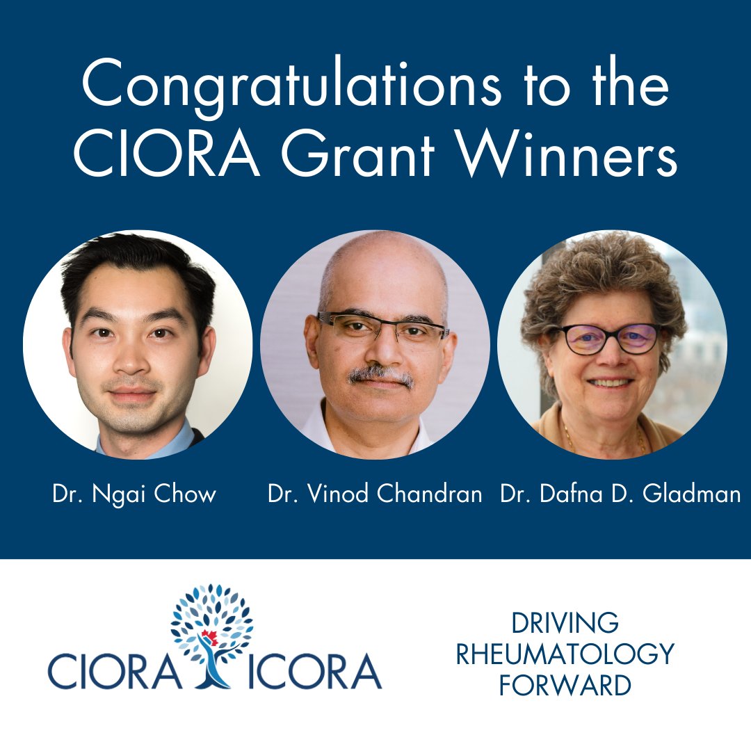 Congratulations to Drs. Ngai Chow, Vinod Chandran and Dafna Gladman, 2024 CIORA grant recipients!

They will research early detection of psoriatic arthritis: Implementing an interdisciplinary triage clinic. 

Learn about the 2024 CIORA research projects - crafoundation.ca/for-researcher…