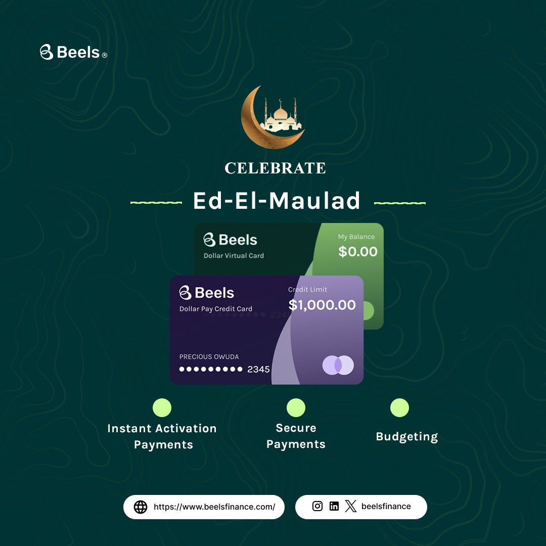 Beelsfinance's tweet photo. Celebrating all our Muslim friends, and customers..
#HapppyEdElMaulad #Beels #VirtualCard #Credit https://t.co/TzSrbz4irc